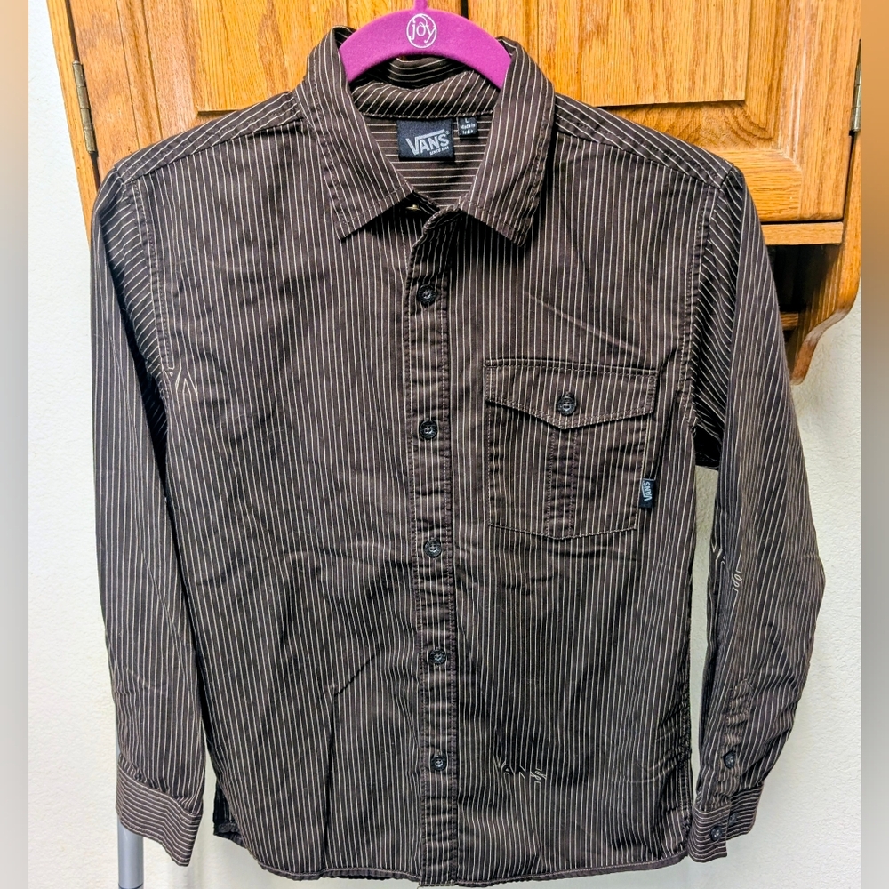 Vans Boys' Brown Pinstripe Button Down Long Sleeve Shirt